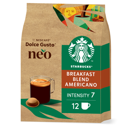 vista frontale del NEO Starbucks Breakfast Blend Americano con una capsula