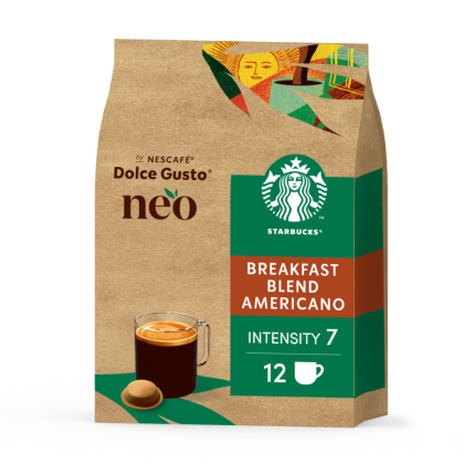 vista frontale del NEO Starbucks Breakfast Blend Americano con una capsula