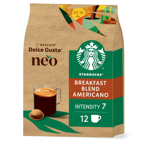 vista frontale del NEO Starbucks Breakfast Blend Americano con una capsula