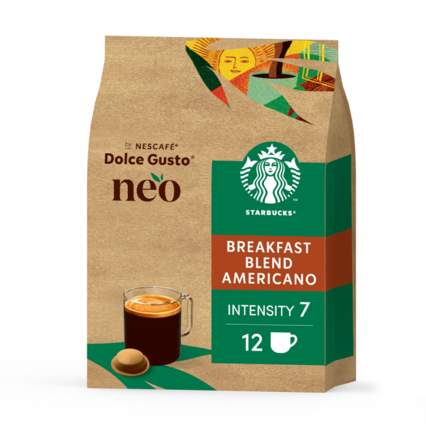 vista frontale del NEO Starbucks Breakfast Blend Americano con una capsula