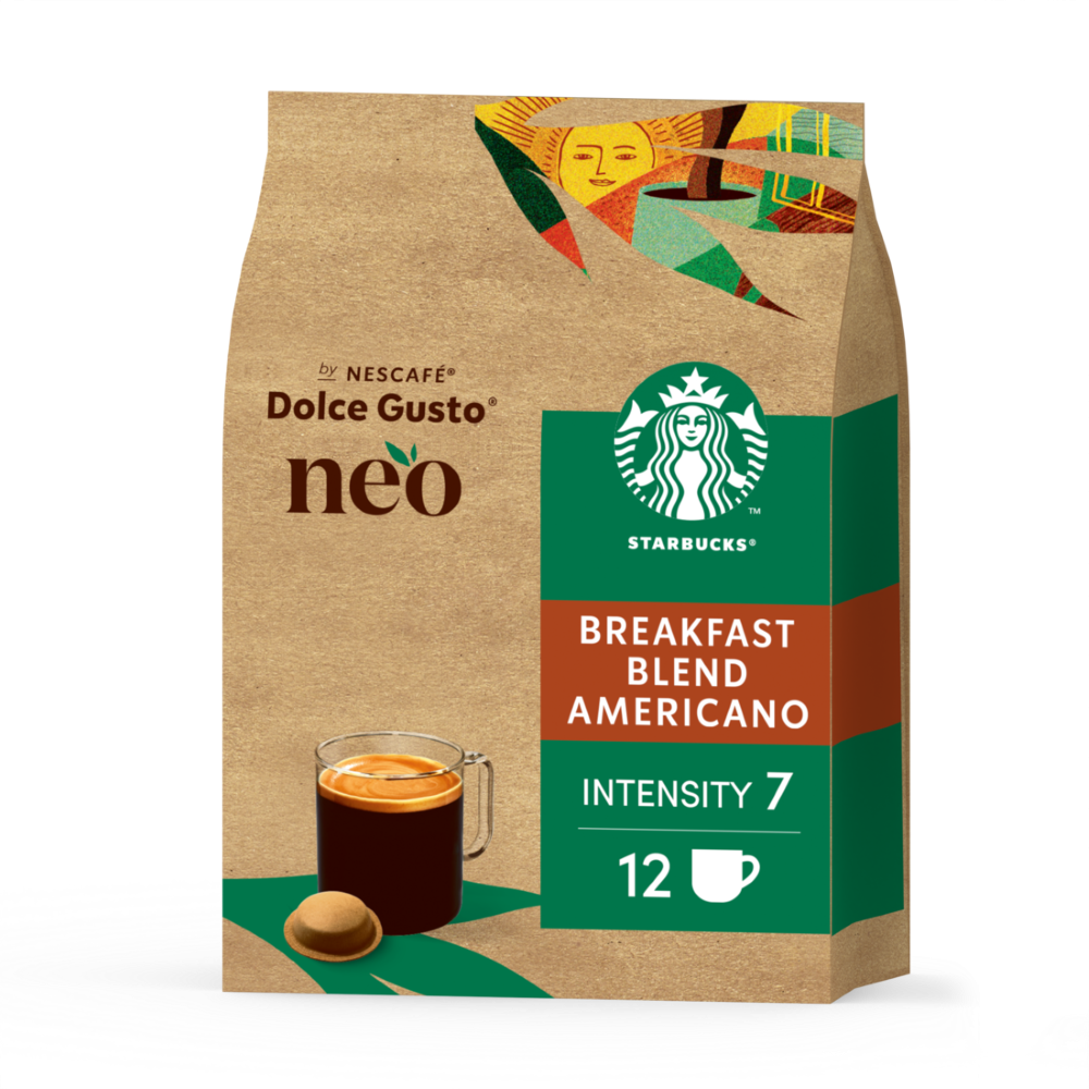 vista frontale del NEO Starbucks Breakfast Blend Americano con una capsula