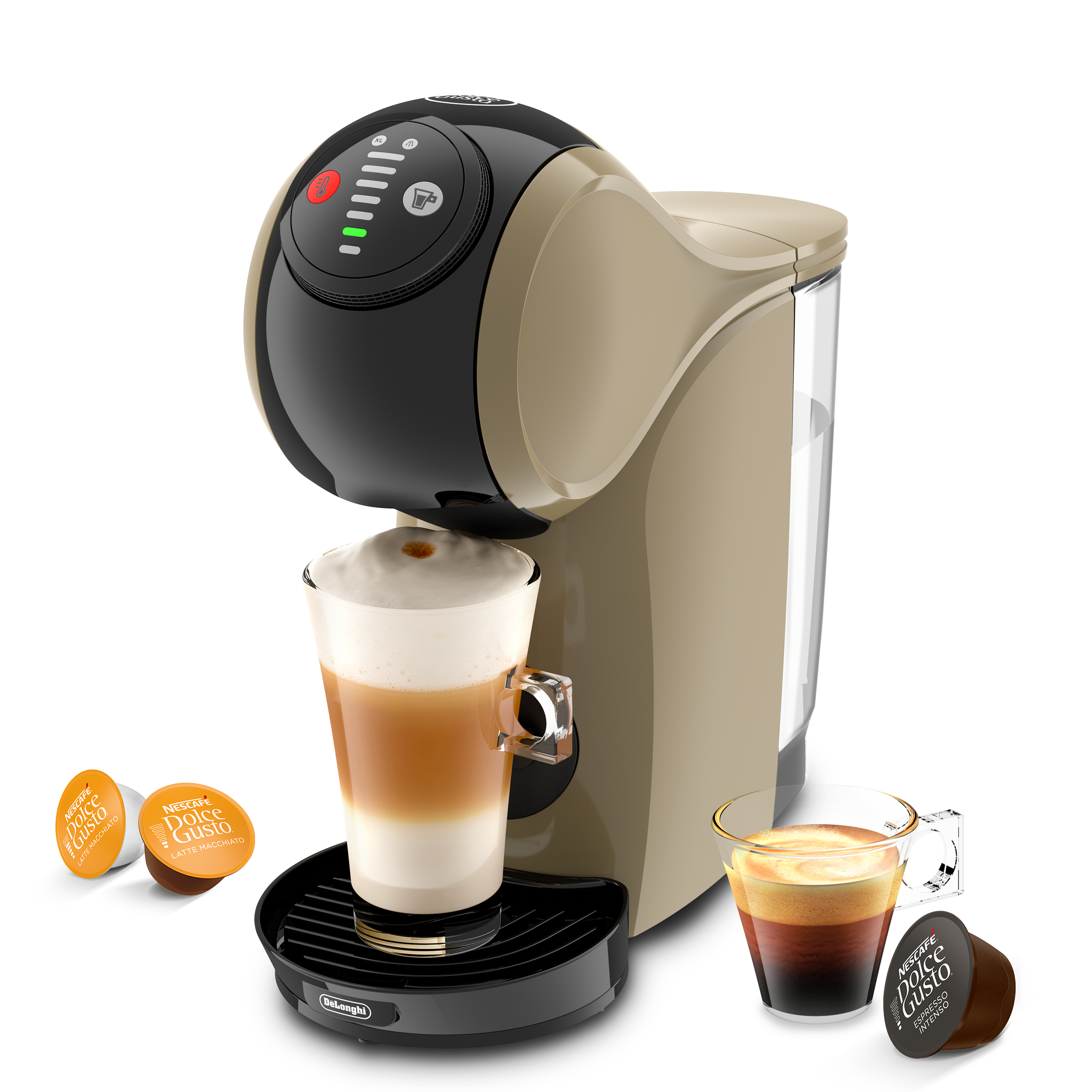 Dolce Gusto machine with coffee cup and coffee pods around
