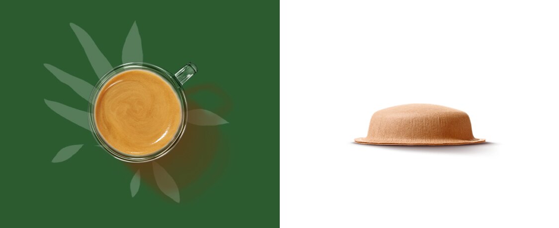 Glass cup of coffee seen from above with crema, above a coffee capsule on a light background Glass cup of coffee seen from above with crema, above a coffee capsule on a light background