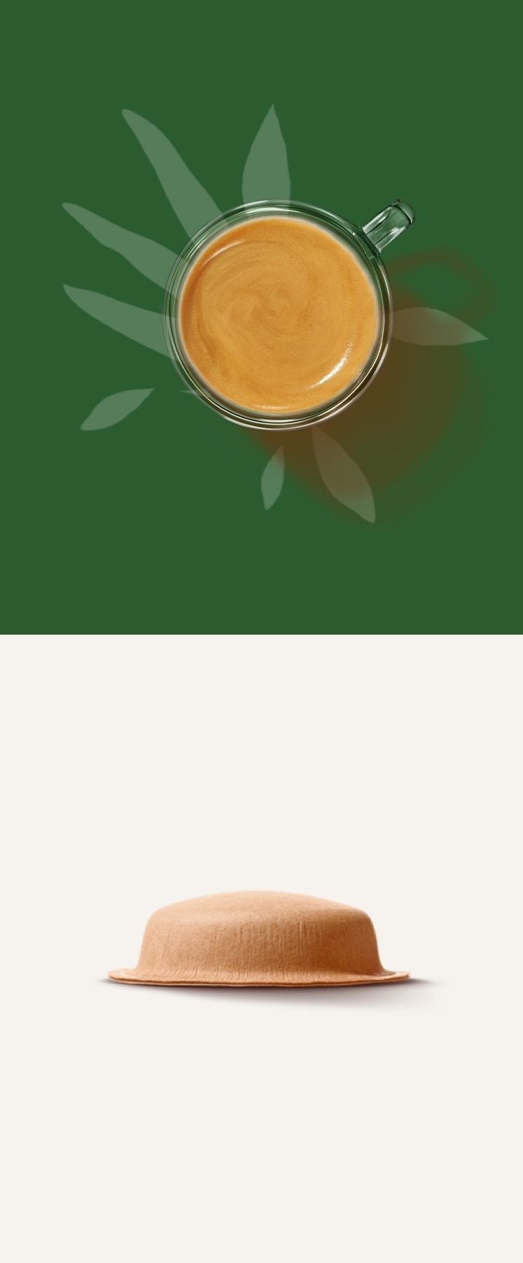 Glass cup of coffee seen from above with crema, above a coffee capsule on a light background Glass cup of coffee seen from above with crema, above a coffee capsule on a light background