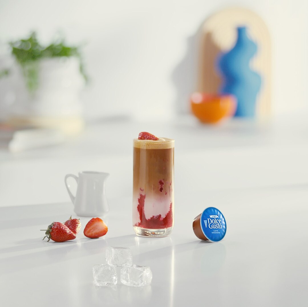 Iced Strawberry Latte Shakerato with recipe ingredients displayed alongside