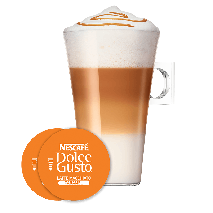 Tazza e immagine capsula Latte Macchiato Caramel x16 Nescafé® Dolce Gusto®