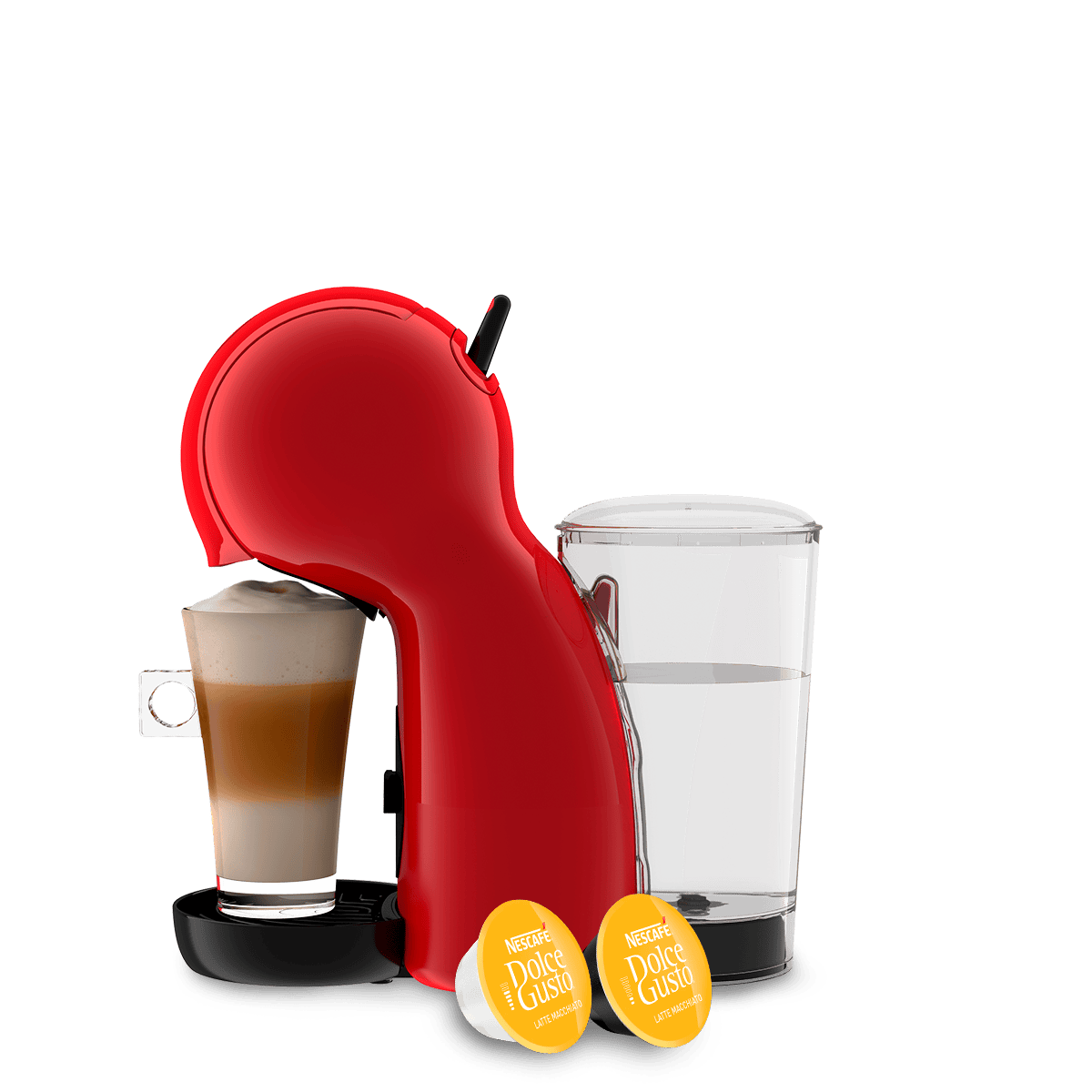 Macchina da caffè Piccolo rossa e capsule di caffè.