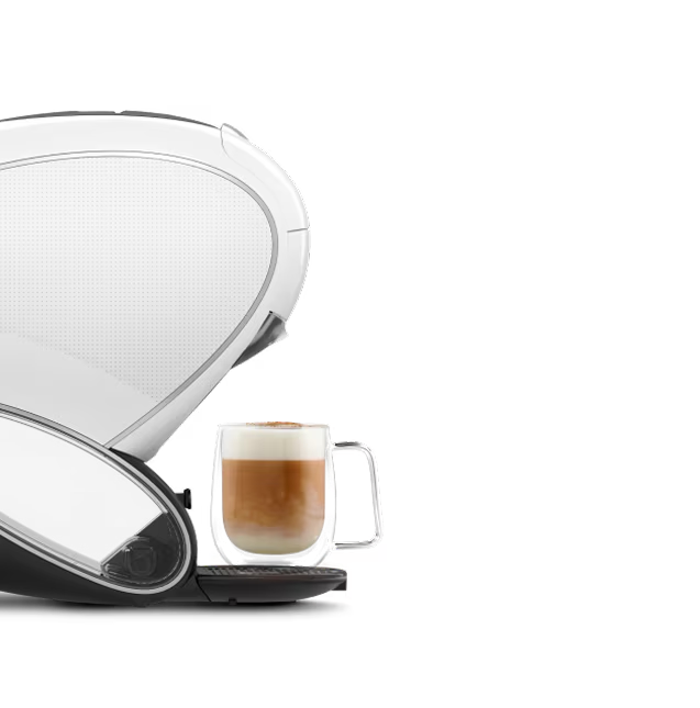 Un testa a testa tra una macchina da caffè NEO Latte bianca e una macchina NEO Caffè nera. Un dito alieno oscilla tra le due macchine.