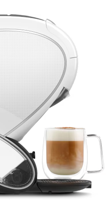 Un testa a testa tra una macchina da caffè NEO Latte bianca e una macchina NEO Caffè nera. Un dito alieno oscilla tra le due macchine.