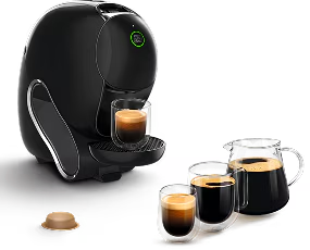 Una macchina NEO Caffè nera con tazze di caffè nero NEO.