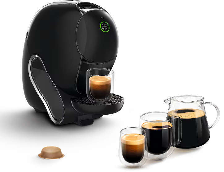 Una macchina NEO Caffè nera con tazze di caffè nero NEO.