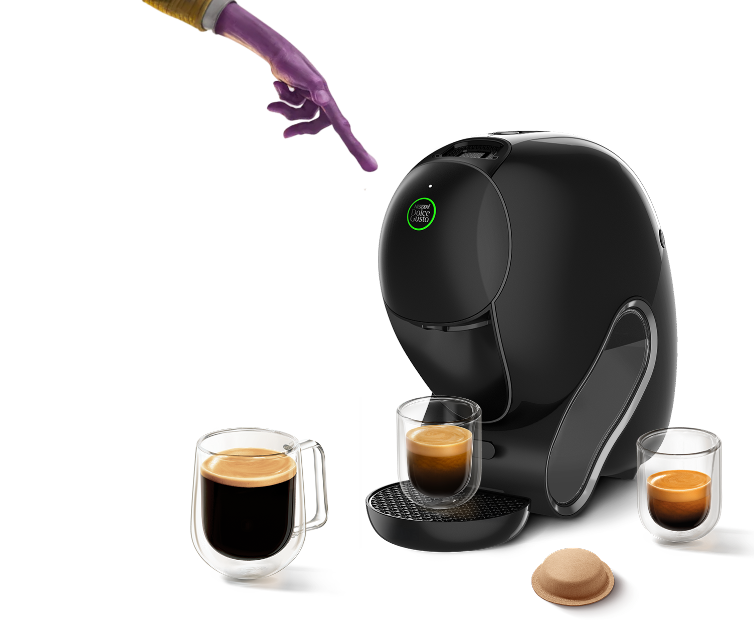 Dito alieno che tocca la macchina NEO Caff&egrave;. Bevande, una confezione NEO e una capsula intorno alla macchina.