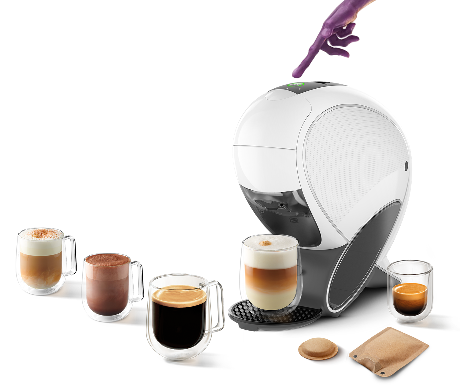 Dito alieno che tocca la macchina NEO Latte. Bevande, una confezione NEO, una capsula e una bustina intorno alla macchina.